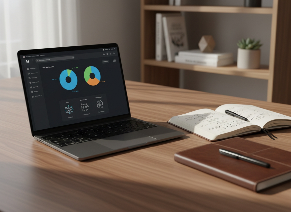A sleek, modern home workspace arranged for focused AI learning, with a large matte-black laptop open to a clean dashboard of colorful charts and simple AI icons. The laptop rests on a warm walnut desk with a subtle grain, next to a leather-bound notebook filled with neatly sketched flowcharts and a black metal pen. Soft morning daylight enters from an unseen window, creating gentle reflections on the laptop screen and casting calm shadows across the desk surface. In the blurred background, shelves hold a few neatly organized tech books and minimal decor. Photographic realism, eye-level composition, shallow depth of field, clean and professional atmosphere that feels approachable for someone rebuilding their tech confidence.